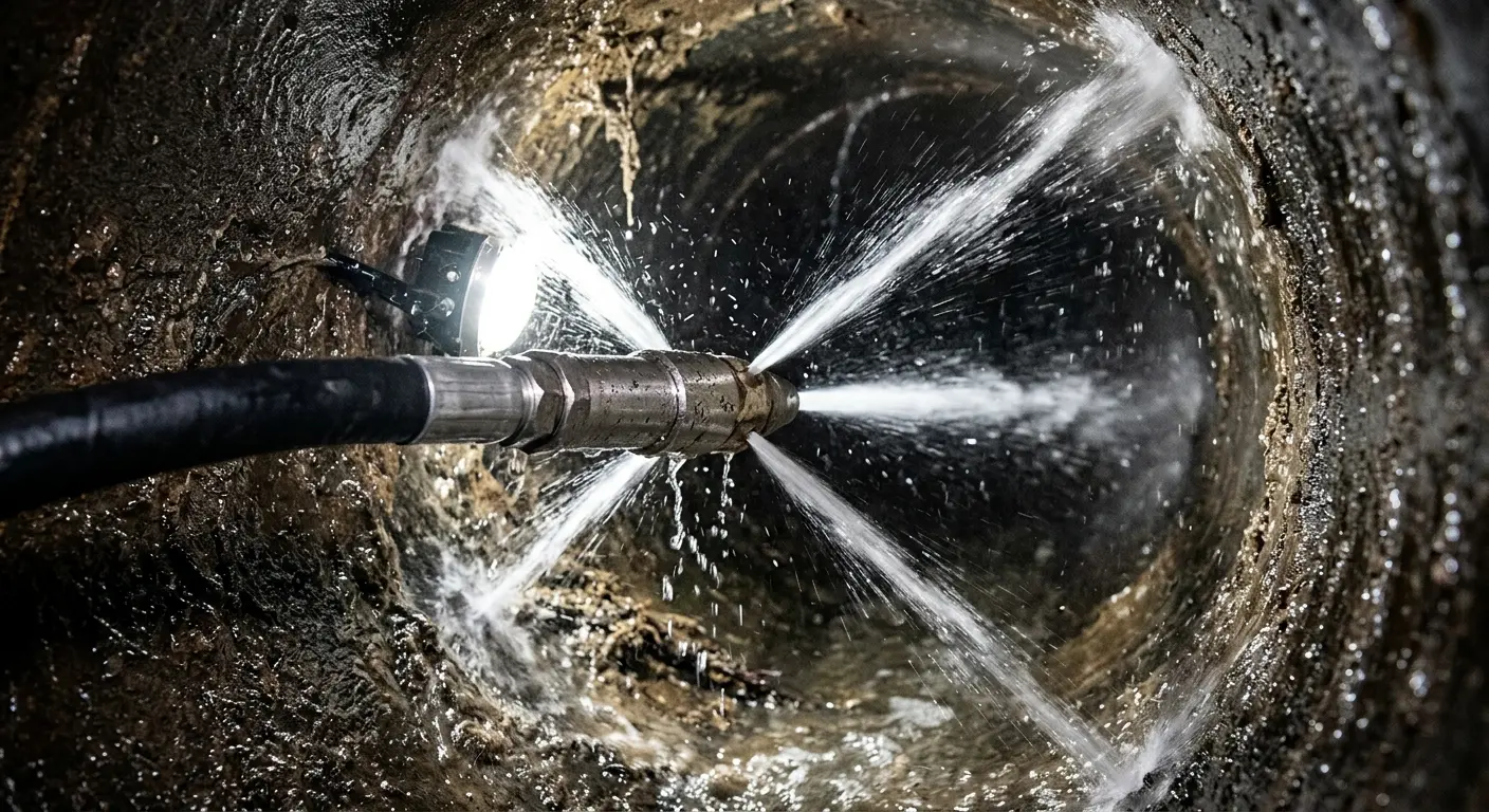 High-pressure hydro jetting nozzle cleaning sewer pipe for Storm Drain Cleaning in Solana Beach