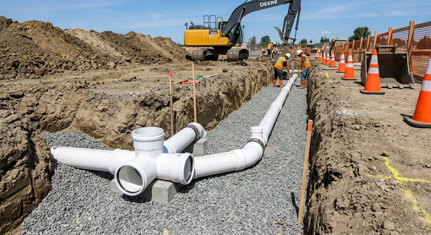 New PVC sewer pipe installation in open trench for Sewer Backup in Solana Beach