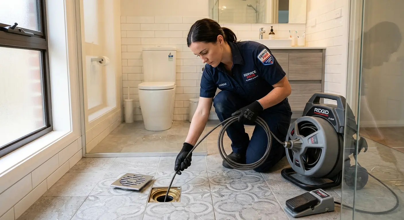 Technician clearing a bathroom floor drain for Drain Cleaning in Solana Beach